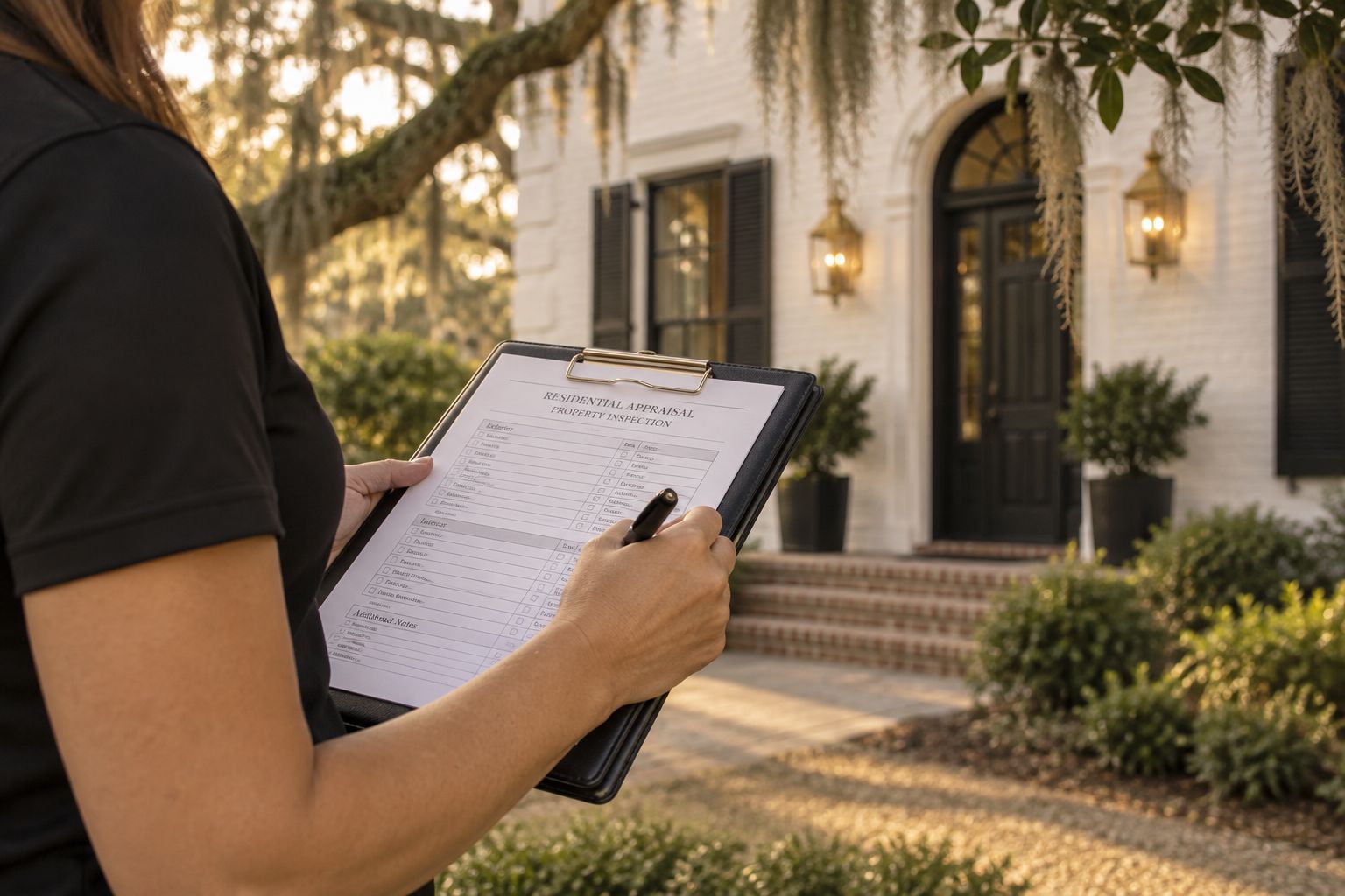Inspection notes in front of a white brick home