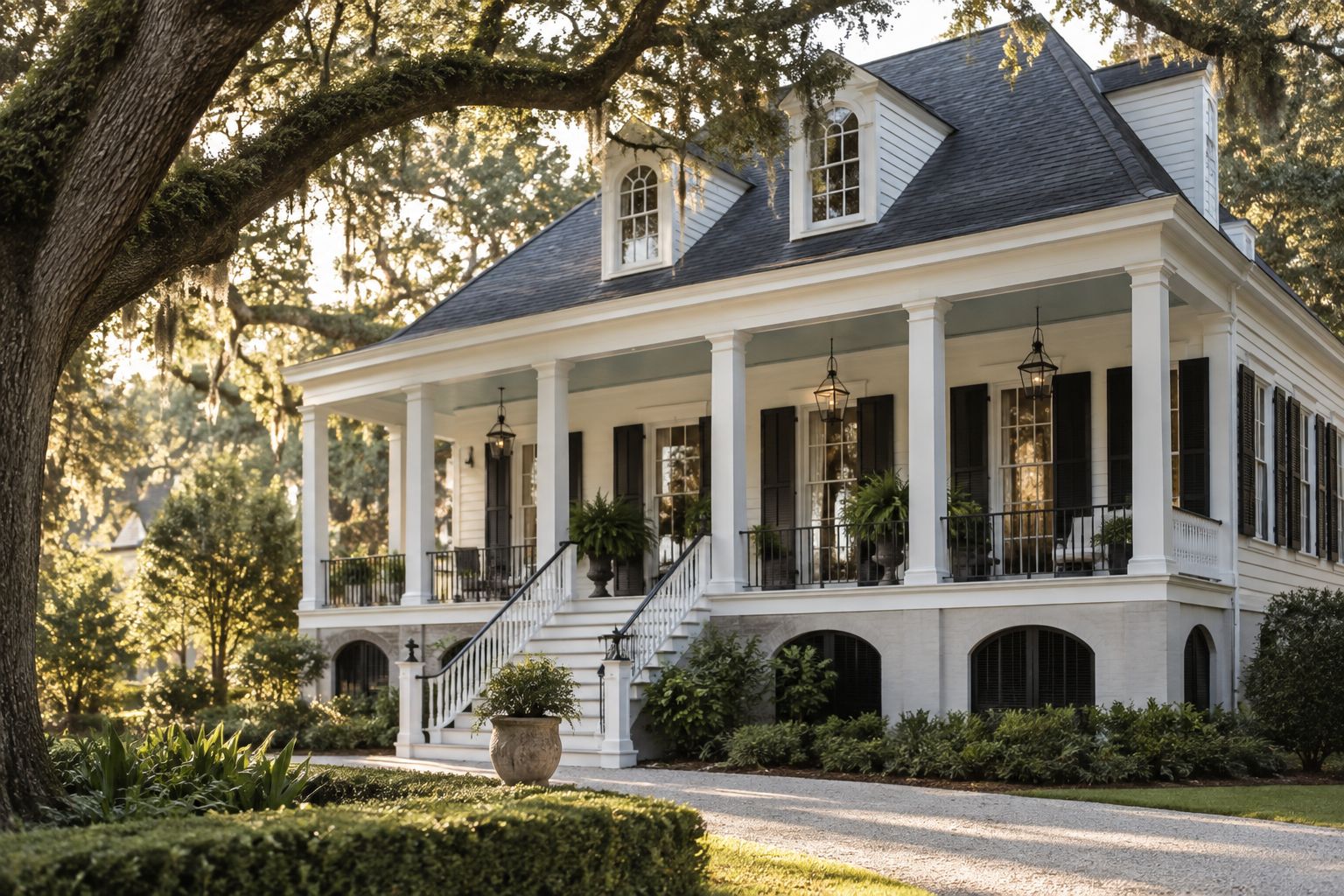 A white Louisiana raised cottage under live oaks