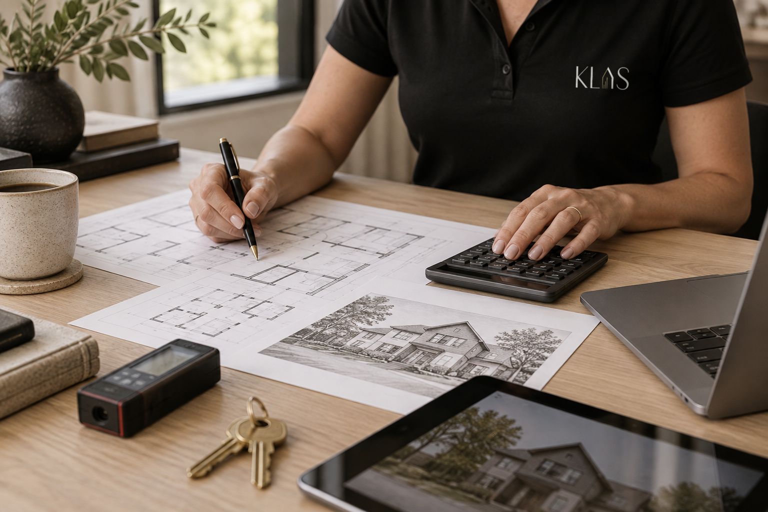 Working through a floor plan at the desk
