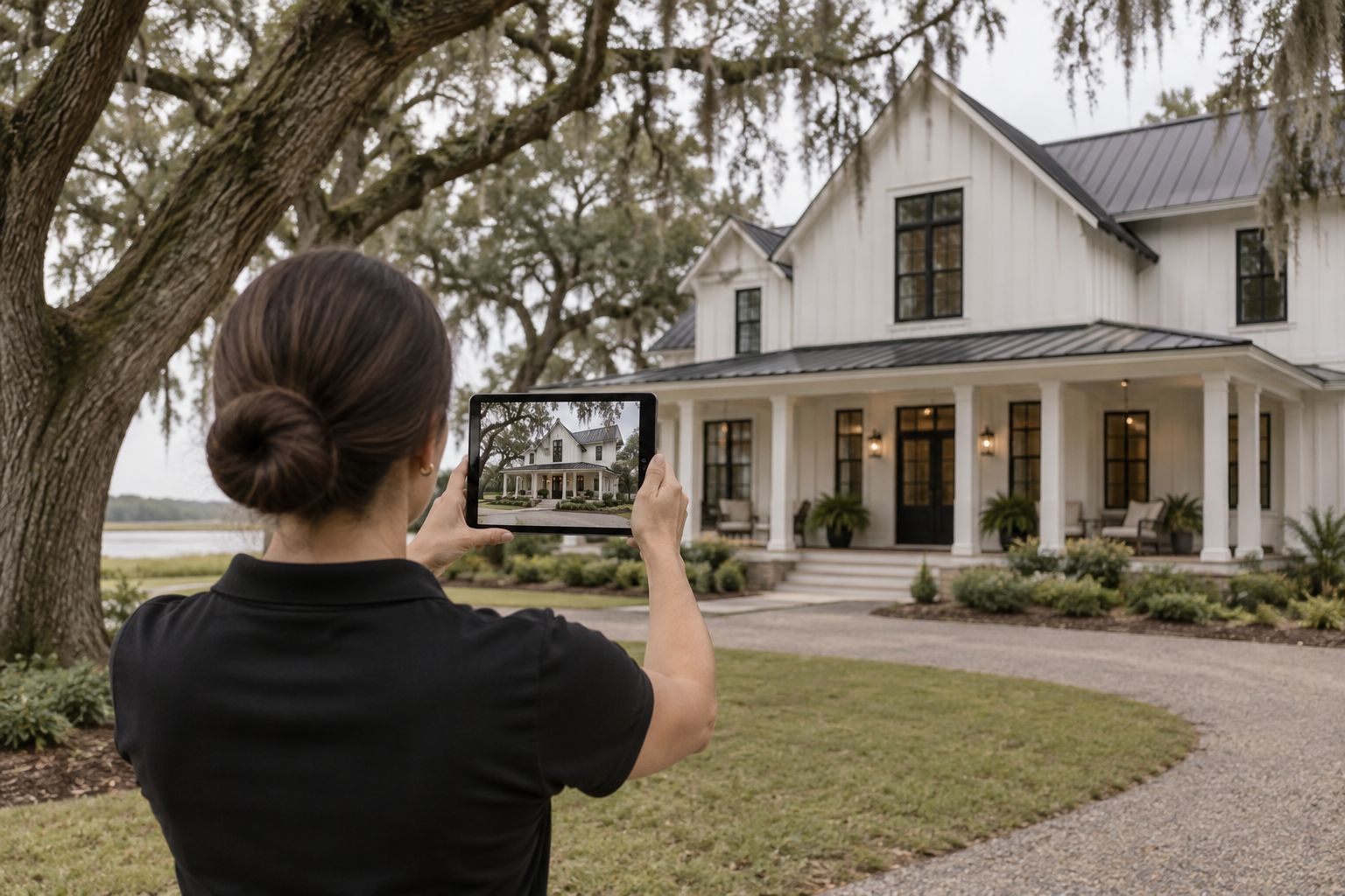 Photographing a white farmhouse under live oaks